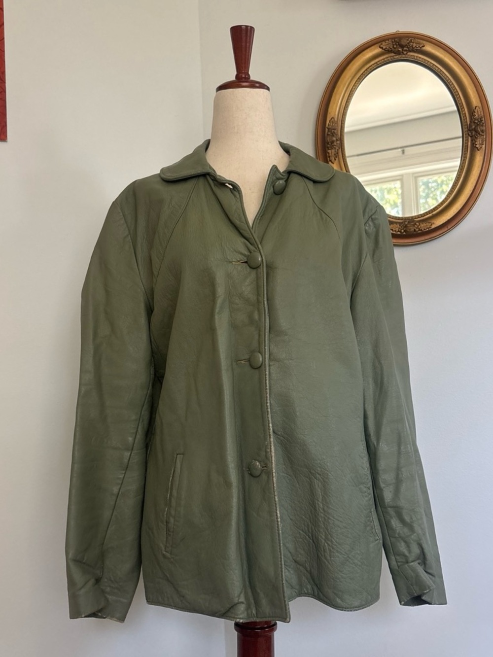Women's Olive Green Leather Button-Front Jacket